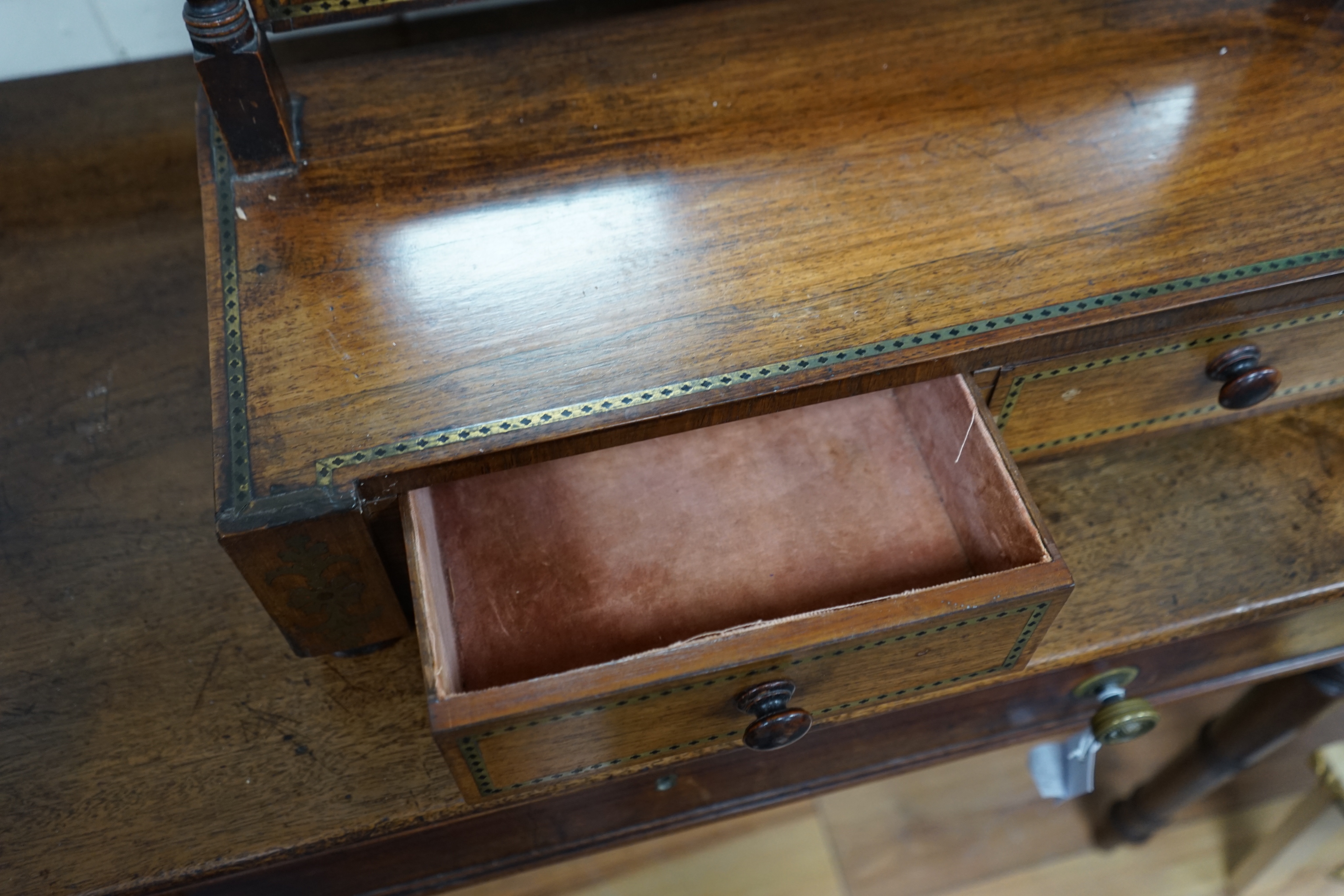 A Regency brass inlaid rosewood toilet mirror, width 57cm depth 24cm height 58cm